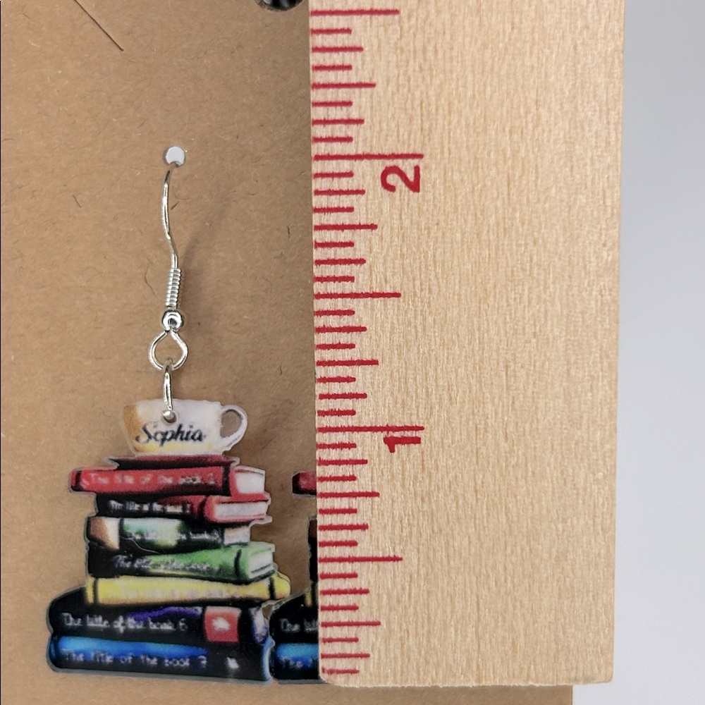 Tea/Coffee Cup on Books Dangle Earrings 2D Acrylic Cartoon Fashion Jewelry - Picture 2 of 4